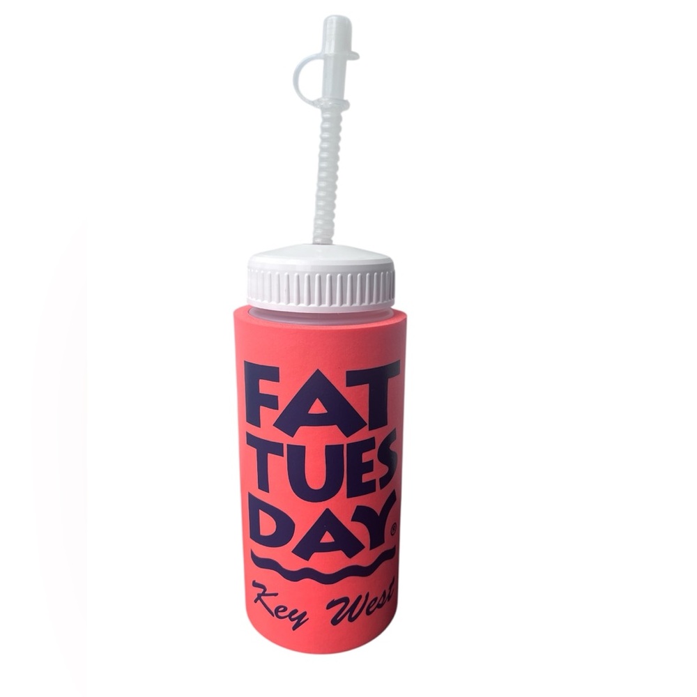 Vtg Fat Tuesday Key West Florida Drink Coozie Bottle w/ Straw Travel Souvenir